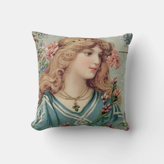 髪ビクトリアンにピンクの花を付けた女性 クッション (正面)