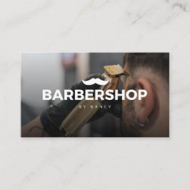 髪切り写真と口ひげロゴBarbershop 名刺