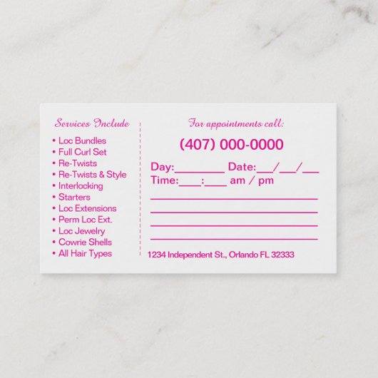 髪編みロシカン名刺テンプレート 予約カード (裏面)