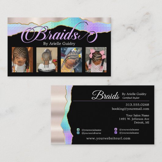 髪編み組み編みスタイリスト写真追加ホログラフィック 名刺 (正面/裏面)