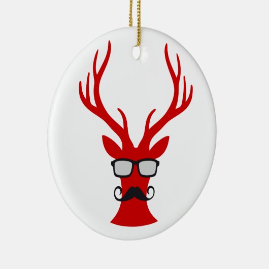 髭およびおたくガラスを持つ赤いクリスマスのシカ セラミックオーナメント (右)