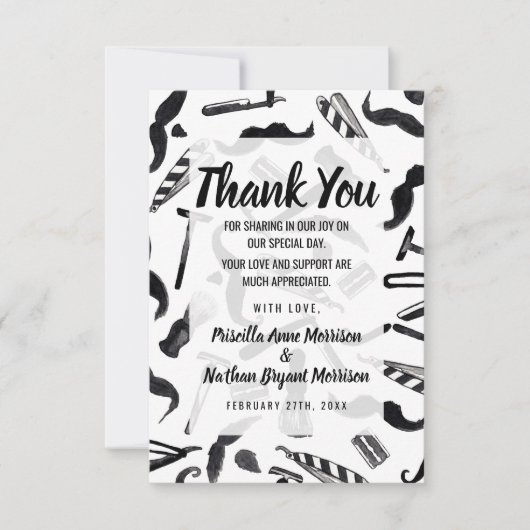 髭かみそりの電気かみそりの水彩画の理容師パターン サンキューカード (正面)