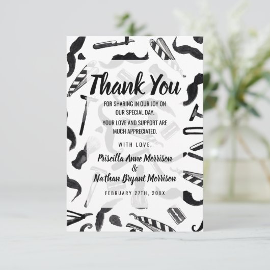 髭かみそりの電気かみそりの水彩画の理容師パターン サンキューカード (スタンド正面)