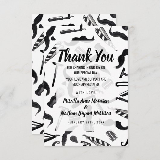 髭かみそりの電気かみそりの水彩画の理容師パターン サンキューカード (正面/裏面)