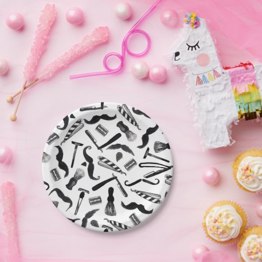 髭かみそりの電気かみそりの水彩画の理容師パターン ペーパープレート (パーティー)