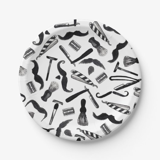 髭かみそりの電気かみそりの水彩画の理容師パターン ペーパープレート (正面)