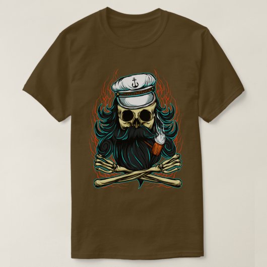 髭のあるスカル海賊船長 Tシャツ (デザイン正面)