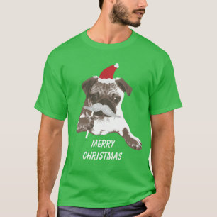 髭のサンタの白いパグのメリークリスマス Tシャツ