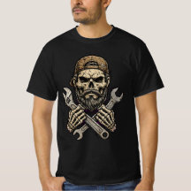 髭のドクロ整備士レンチ - タフガレージTシャツ
