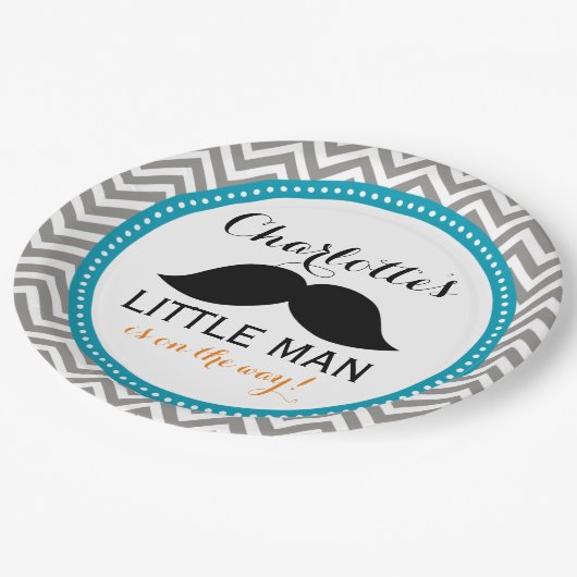 髭のベビーシャワーの紙皿、小さい人の青 ペーパープレート (アングル)