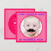 髭の女の子のピンクのストライプの誕生日の招待状 招待状 (正面/裏面)