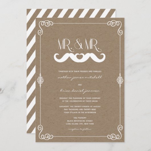 髭愛ヴィンテージのクラフト紙の陽気な結婚式 招待状 (正面/裏面)