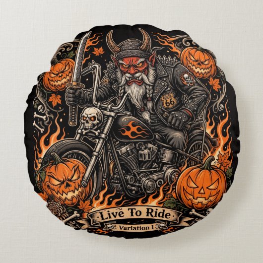 鬼サムライ・バイカー・ハロウィン枕 - ライドに生きる ラウンドクッション (正面)