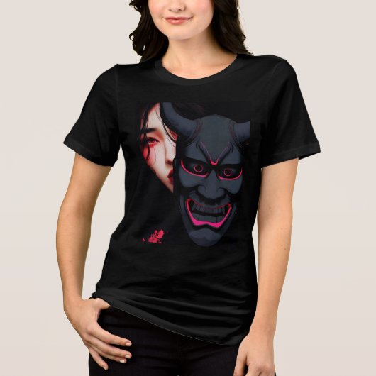 鬼マスクの神秘的な少女 ダーク日本ホラー トライブレンドTシャツ (正面)