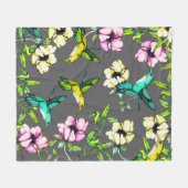 魅了された庭の水彩画のハチドリ及び花 フリースブランケット (正面(横))