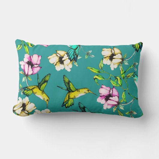 魅了された庭の水彩画のハチドリ及び花 ランバークッション (正面)