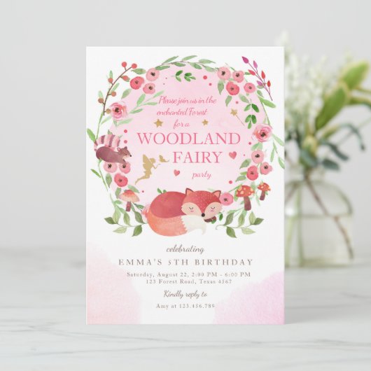 魅了された森林森林妖精のピンクの女の子の誕生日 招待状 (スタンド正面)