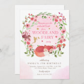 魅了された森林森林妖精のピンクの女の子の誕生日 招待状 (正面/裏面)