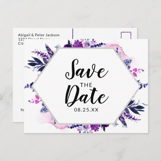 魅了された花のすみれ色の水彩画の保存日付 案内ポストカード (正面/裏面)