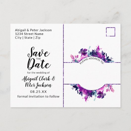 魅了された花のすみれ色の水彩画の保存日付 案内ポストカード (裏面)