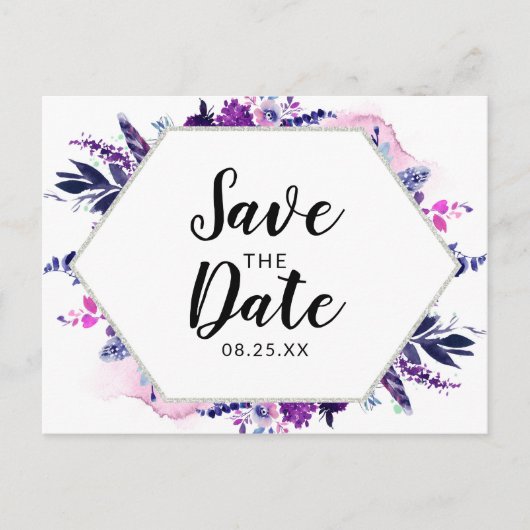 魅了された花のすみれ色の水彩画の保存日付 案内ポストカード (正面)