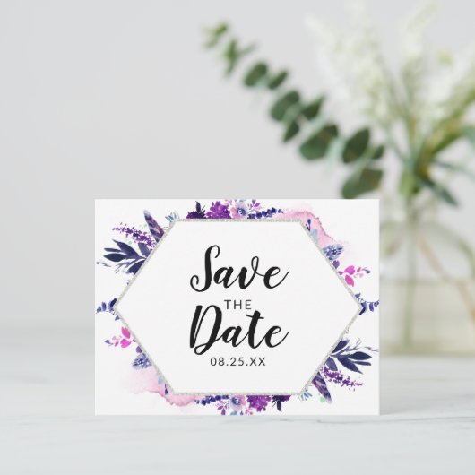 魅了された花のすみれ色の水彩画の保存日付 案内ポストカード (スタンド正面)
