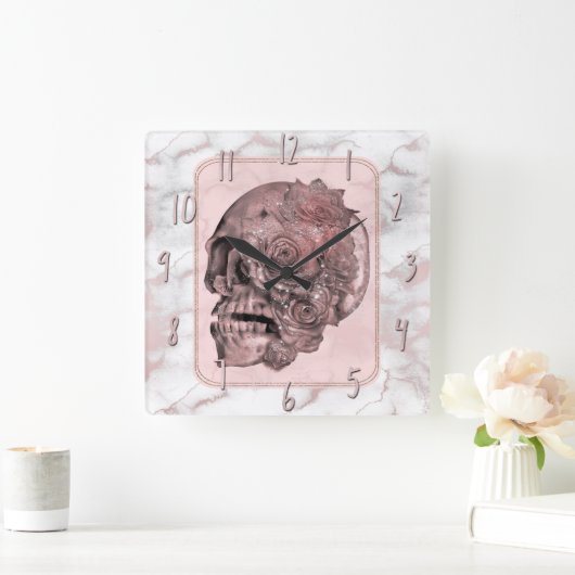 魅力のばら色の金ゴールドのピンクのスカルの大理石 スクエア壁時計 (ホーム)
