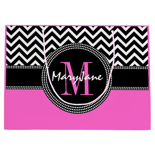 魅力の女の子のショッキングピンクおよびシェブロンの黒いモノグラム ラージペーパーバッグ (正面)