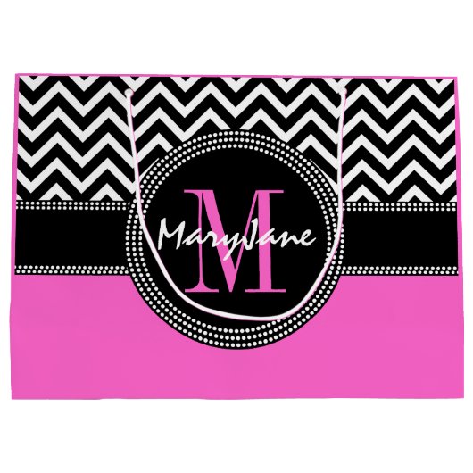 魅力の女の子のショッキングピンクおよびシェブロンの黒いモノグラム ラージペーパーバッグ (裏面)