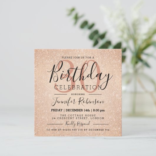 魅力の第30誕生日のばら色の金ゴールドのグリッターのペンキ 招待状 (スタンド正面)