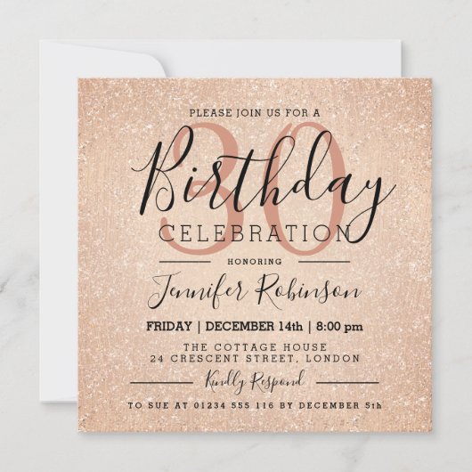 魅力の第30誕生日のばら色の金ゴールドのグリッターのペンキ 招待状 (正面)