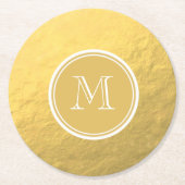 魅力の金ゴールドホイルの背景のモノグラム ラウンドペーパーコースター (正面)