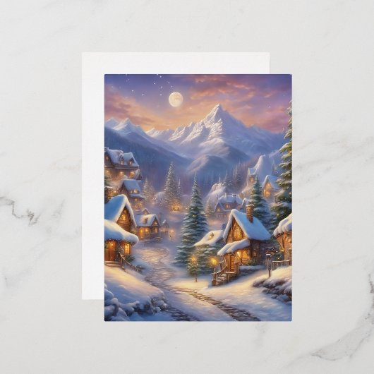 魅力的おとぎ話の村、雪に覆わ飾れた 箔シーズンポストカード (正面/裏面)