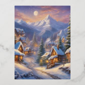 魅力的おとぎ話の村、雪に覆わ飾れた 箔シーズンポストカード (正面)