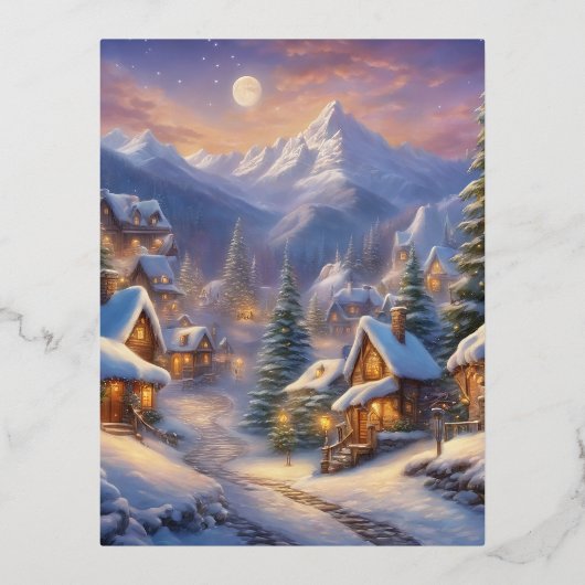 魅力的おとぎ話の村、雪に覆わ飾れた 箔シーズンポストカード (正面)