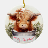 魅力的かわいいクリスマスハイランド牛 セラミックオーナメント (正面)