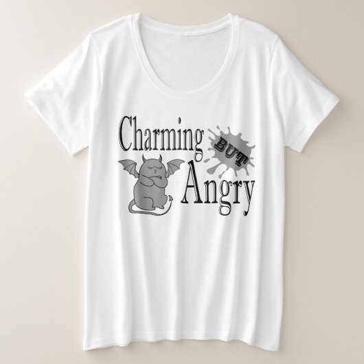 魅力的しかし怒て小さな悪魔の猫のおもしろい引用文 プラスサイズTシャツ (デザイン正面)
