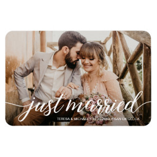 魅力的たった今結婚しましたスクリプトオーバーレイ写真 マグネット