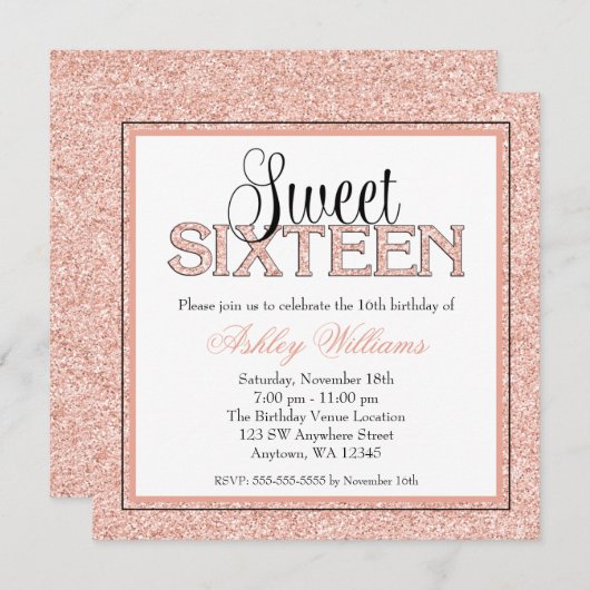 魅力的でフェイクなグリッターのばら色の金ゴールドの菓子16の招待状 招待状 (正面/裏面)