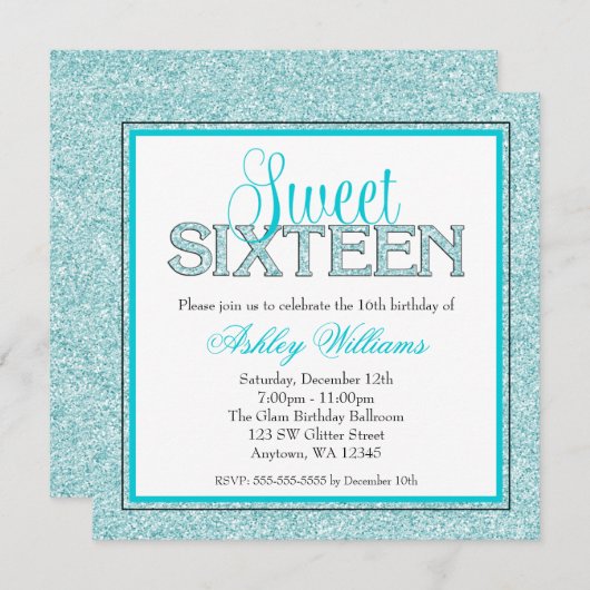 魅力的でフェイクなグリッターのティール（緑がかった色）の青い菓子16 招待状 (正面/裏面)