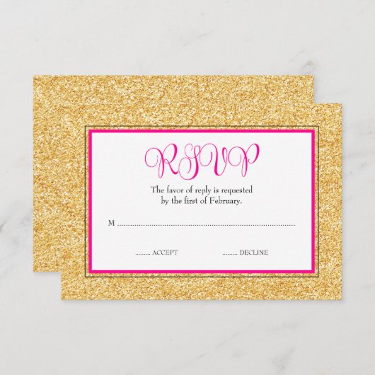 魅力的でフェイクなグリッターの金ゴールドのピンクバルミツワーRSVP 出欠カード (正面/裏面)