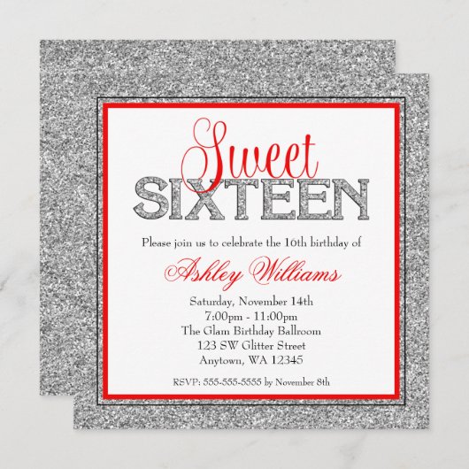 魅力的でフェイクなグリッターの銀の赤い菓子16 招待状 (正面/裏面)