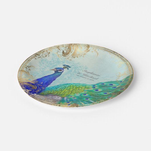 魅力的でフェイクな金ぱくの孔雀の尾羽スクロール ペーパープレート (アングル)
