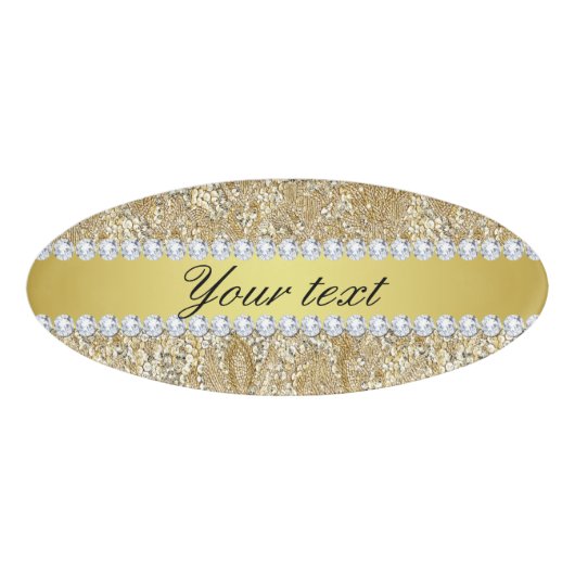 魅力的でフェイクな金ゴールドのスパンコールおよびダイヤモンド 名札 (正面)