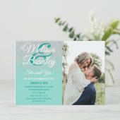 魅力的で白いグリッターは婚約ティール（緑がかった色）の光っています 招待状 (スタンド正面)