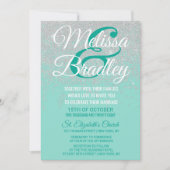 魅力的で白いグリッターは結婚式ティール（緑がかった色）の光っています 招待状 (正面)