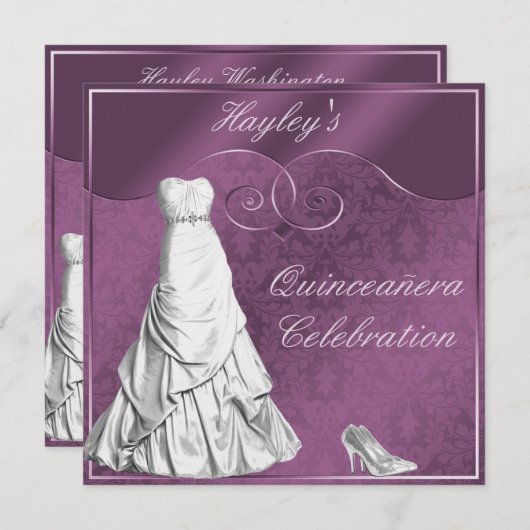 魅力的で白い夜会服の紫色キンセアニェラ 招待状 (正面/裏面)