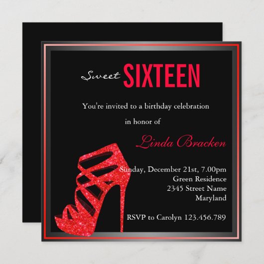 魅力的で赤いハイヒールの黒のSweet sixteenの招待 招待状 (正面/裏面)