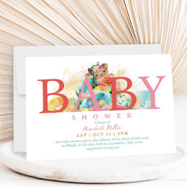 魅力的なお洒落ピンク文字ベビーガールシャワー 招待状