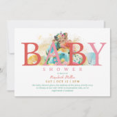 魅力的なお洒落ピンク文字ベビーガールシャワー 招待状 (正面)